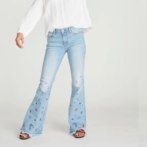 Driftwood Farrah Jeans Frayed Hem Flare with Colorful Floral Embroidery